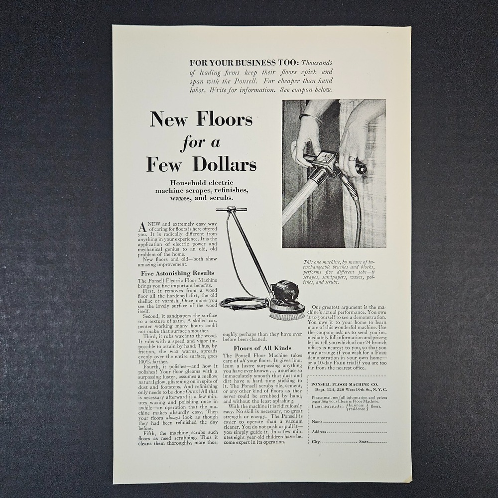 1927 Ponsell Floor Machine Scrape Sand Wax Polish Scrub Vintage Print Ad Cleaner